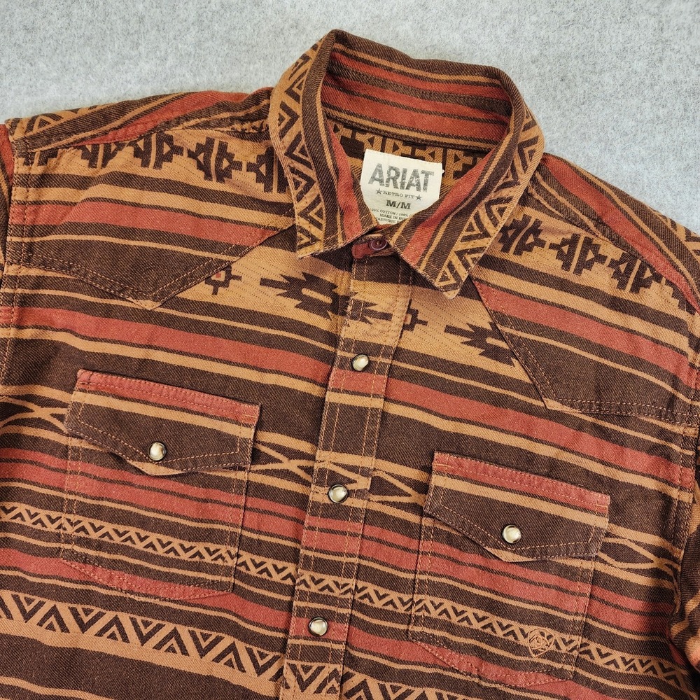 Ariat Retro Fit Western Pearl Snap Shirt Mens M Aztec Print Long Sleeve Brown